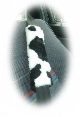Cow car seatbelt pads black and white print furry fluffy fuzzy faux fur