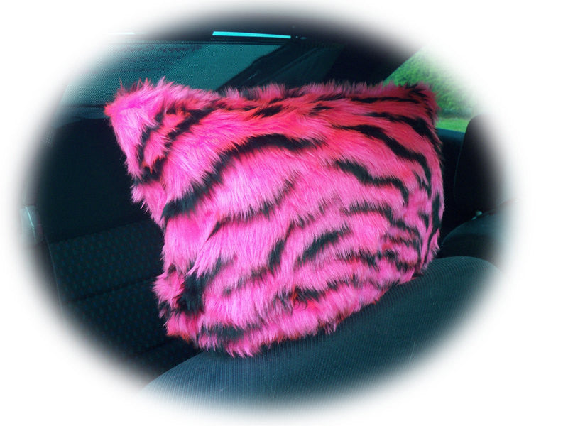Pink and black fuzzy faux fur tiger stripe headrest covers Poppys Crafts