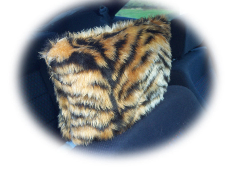 Gold tiger stripe faux fur fuzzy car headrest covers wild thing Poppys Crafts