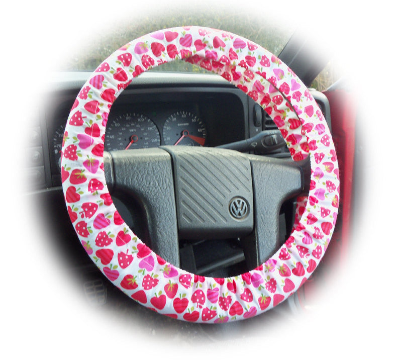 Pink and Red Strawberry print Cotton car steering wheel cover Poppys Crafts