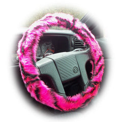 Pink and black tiger stripe fuzzy faux fur car steering wheel cover Poppys Crafts