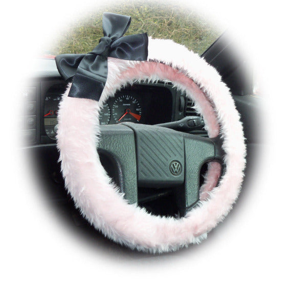 Fluffy Baby Pink faux fur fuzzy car steering wheel cover with black satin Bow Poppys Crafts