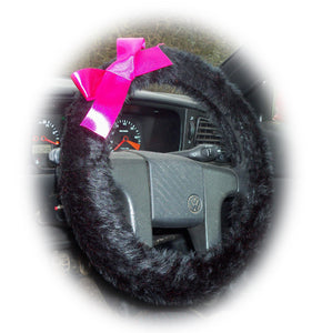 Pretty Black fluffy faux fur car steering wheel cover with Pink satin Bow