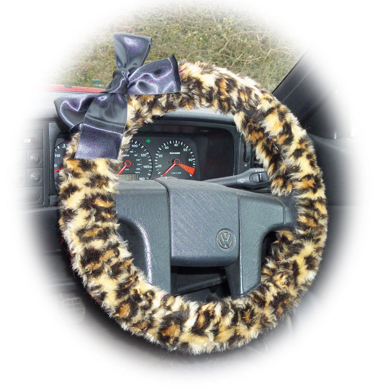 Leopard print fuzzy steering wheel cover with Black satin Bow Poppys Crafts