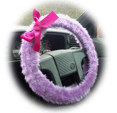 Lilac fuzzy car steering wheel cover with Barbie Pink Satin Bow Poppys Crafts