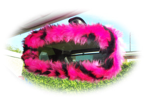 Pink and black tiger print faux fur rear view interior mirror cover Poppys Crafts