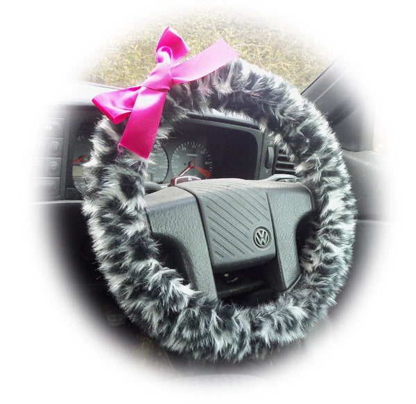 Snow Leopard fuzzy car steering wheel cover with Barbie Pink Satin Bow Poppys Crafts