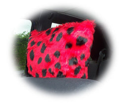 Spotty ladybird fuzzy faux fur car headrest covers red and black spots Poppys Crafts