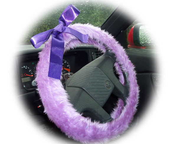 Lilac fuzzy car steering wheel cover with Purple Satin Bow Poppys Crafts