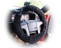 Black fluffy faux fur car steering wheel cover with Black satin Bow Poppys Crafts