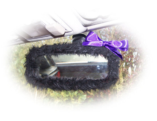 Black fluffy faux fur car mirror cover with purple satin bow Poppys Crafts