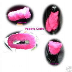 Cute Barbie Pink fluffy faux fur car accessories 4 piece set Poppys Crafts