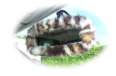 Leopard print fluffy faux fur 4 piece car accessories set Poppys Crafts