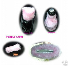 cute fluffy faux fur Baby Pink car accessories set Gear knob gaiter mirror and handbrake covers furry fuzzy Poppys Crafts