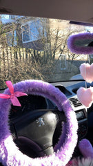 Lilac fuzzy car steering wheel cover with Barbie Pink Satin Bow Poppys Crafts