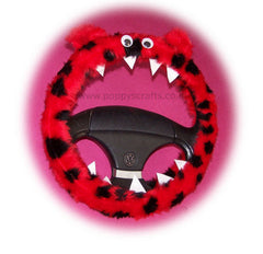Fuzzy faux fur ladybird red and black spotty monster steering wheel cover Poppys Crafts