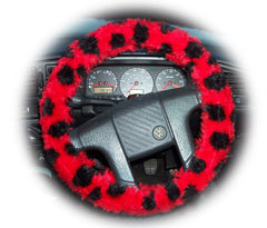 Ladybird Spot fuzzy Car Steering wheel cover & matching faux fur seatbelt pad set Poppys Crafts