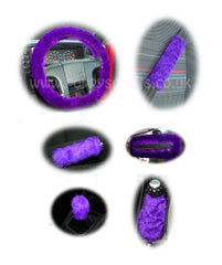 Large 7 Piece Purple fluffy car accessories set faux fur Poppys Crafts