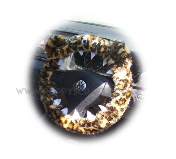 Fuzzy Leopard print faux fur monster steering wheel cover Poppys Crafts