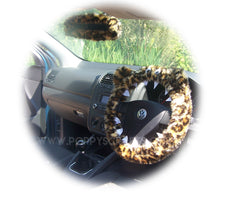 Leopard Print fuzzy Monster steering wheel cover with cute matching rear view mirror cover Poppys Crafts