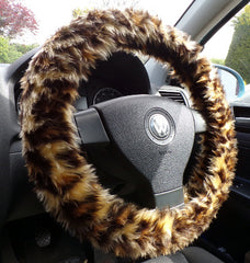 Leopard Print fuzzy faux fur car steering wheel cover cheetah animal print Poppys Crafts