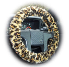 Wild Leopard print fuzzy Car Steering wheel cover & matching animal print faux fur seatbelt pad set Poppys Crafts