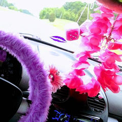 Lilac fuzzy car steering wheel cover with Barbie Pink Satin Bow Poppys Crafts