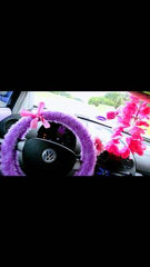 Lilac fuzzy car steering wheel cover with Barbie Pink Satin Bow Poppys Crafts