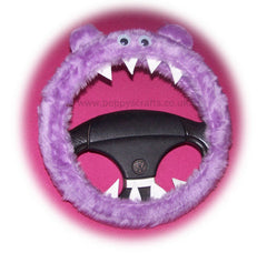 Lilac Fuzzy furry Monster car steering wheel cover faux fur fluffy with googly eyes, teeth and ears Poppys Crafts