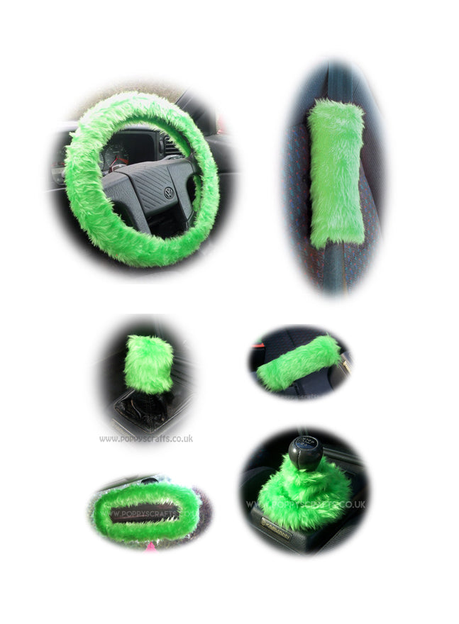 Large 7 Piece Lime Green fluffy car accessories set faux fur Poppys Crafts