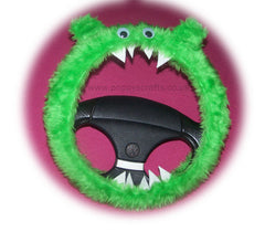 Fluffy Lime Green Monster Car Steering wheel cover & fuzzy faux fur Lime Green seatbelt pad set Poppys Crafts