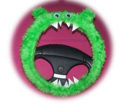 Lime Green fuzzy Monster car steering wheel cover Poppys Crafts
