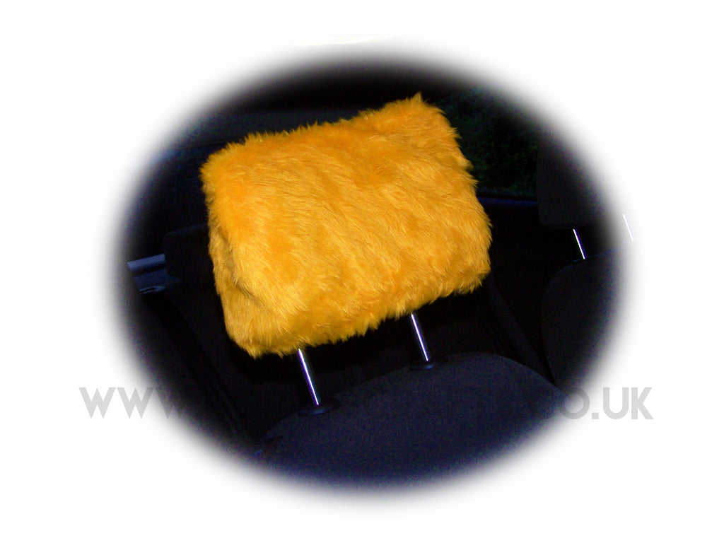 Marigold Orange fluffy faux fur car headrest covers 1 pair Poppys Crafts
