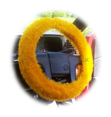 Marigold Car Steering wheel cover & matching fuzzy faux fur seatbelt pad set Poppys Crafts