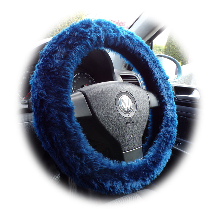 Navy Blue fuzzy faux fur car steering wheel cover Poppys Crafts