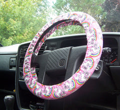 Unicorn's and Rainbow's on Pink cotton car steering wheel cover Poppys Crafts