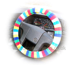 Gorgeous Bright Rainbow Striped fleece car steering wheel cover Poppys Crafts