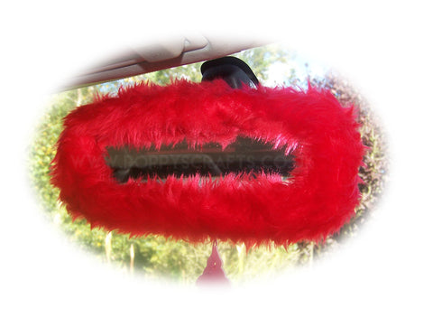 Racing red cute faux fur furry fluffy fuzzy rear view interior car mirror cover