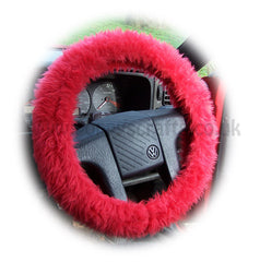 Fluffy Racing Red Car Steering wheel cover & matching fuzzy faux fur seatbelt pad set Poppys Crafts