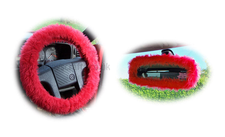 Red fuzzy steering wheel cover with cute matching rear view mirror cover Poppys Crafts