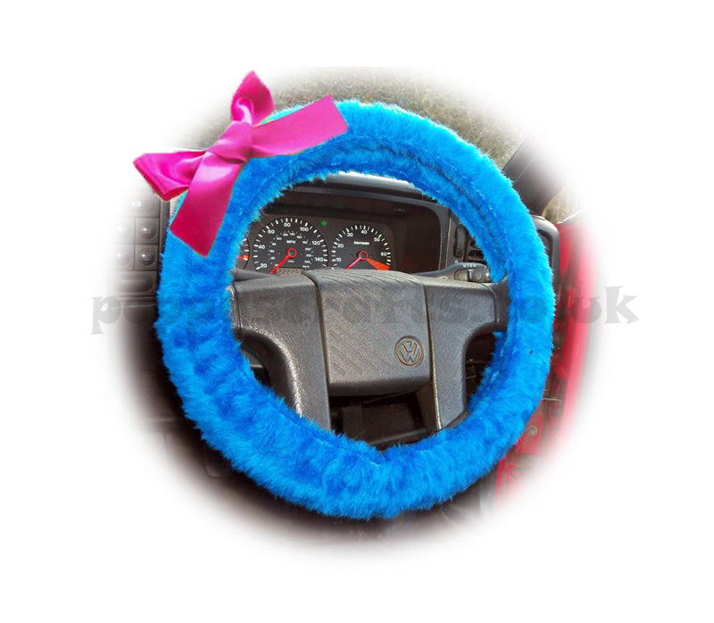 Royal Blue fuzzy car steering wheel cover faux fur with Barbie Pink satin Bow Poppys Crafts