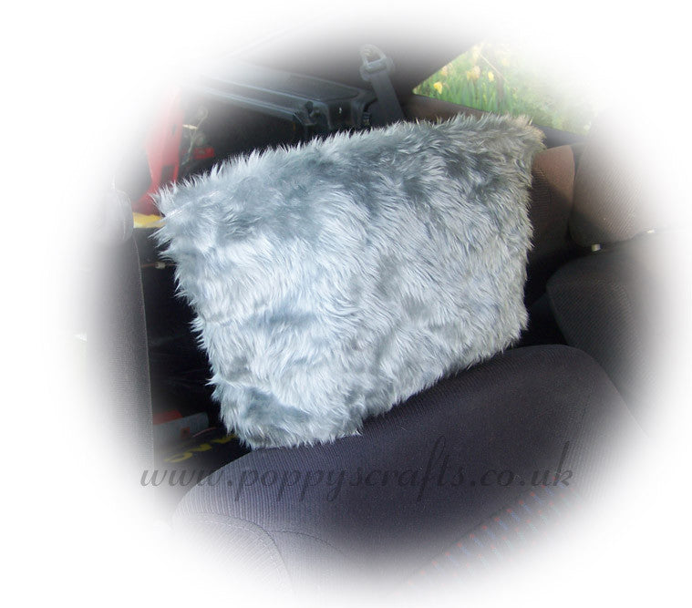 Silver Grey fluffy faux fur car headrest covers 1 pair Poppys Crafts