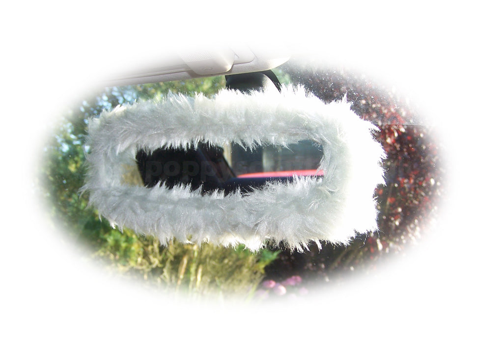 Pretty fluffy light grey silver faux fur rear view mirror cover cute fuzzy and furry Poppys Crafts