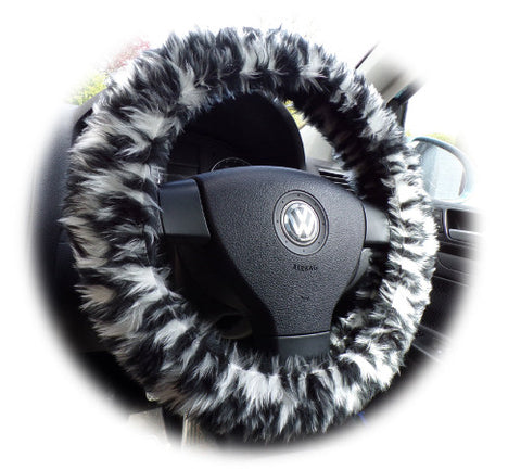 Snow leopard fuzzy faux fur car steering wheel cover