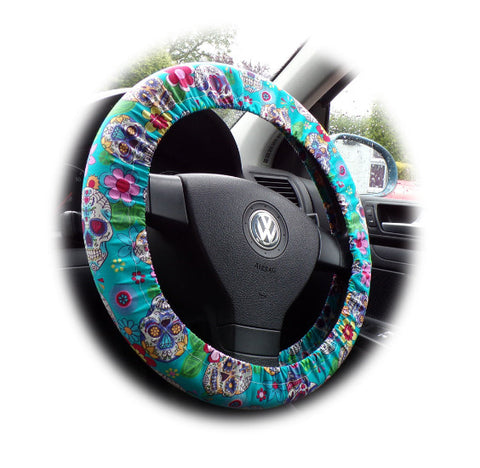 Sugar skulls hearts and diamonds turquoise steering wheel cover
