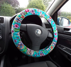 Sugar skulls hearts and diamonds turquoise steering wheel cover Poppys Crafts
