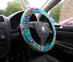 Sugar skulls hearts and diamonds turquoise steering wheel cover Poppys Crafts