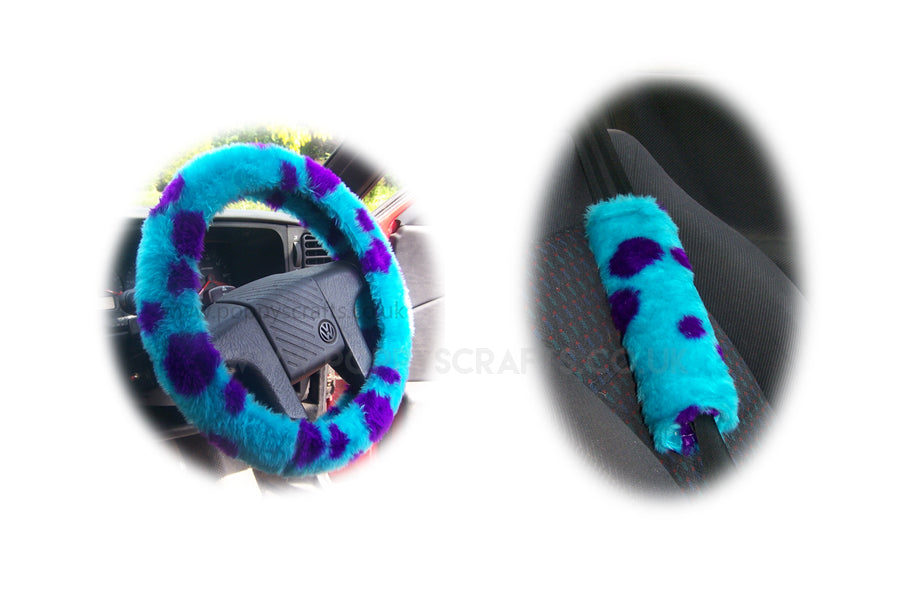Monster Spot fuzzy Car Steering wheel cover & matching faux fur seatbelt pad set Poppys Crafts