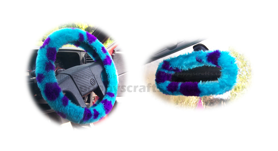 Monster spot fuzzy steering wheel cover with cute matching rear view interior mirror cover Poppys Crafts