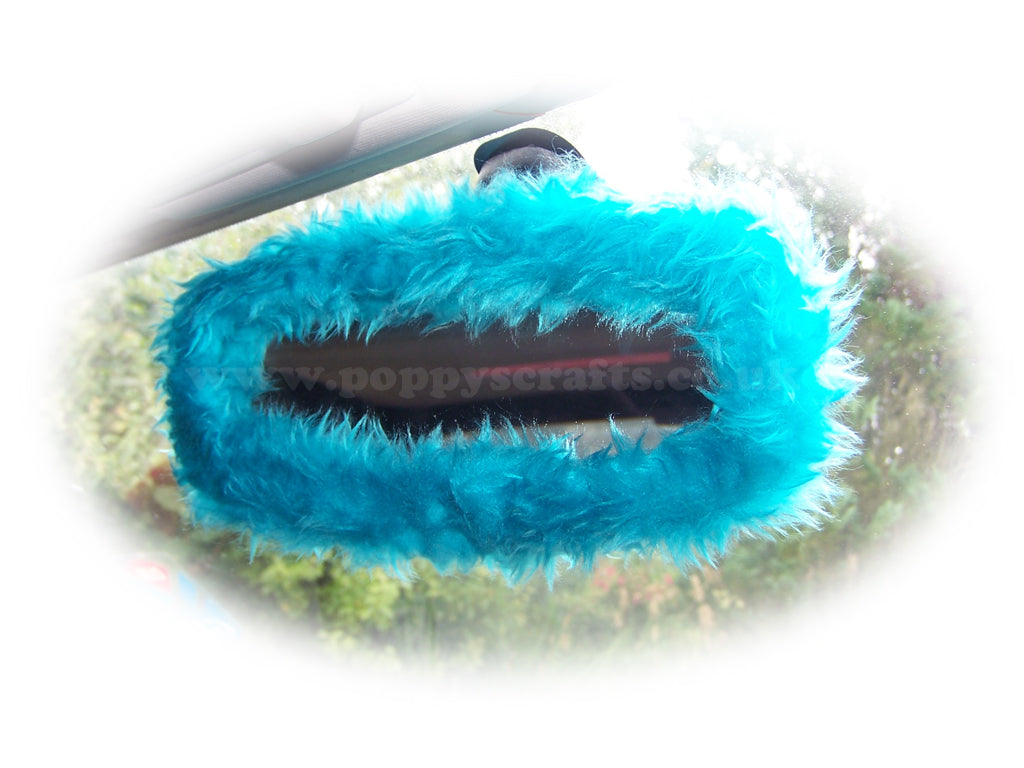 Turquoise / Teal fuzzy rear view interior car mirror cover Poppys Crafts